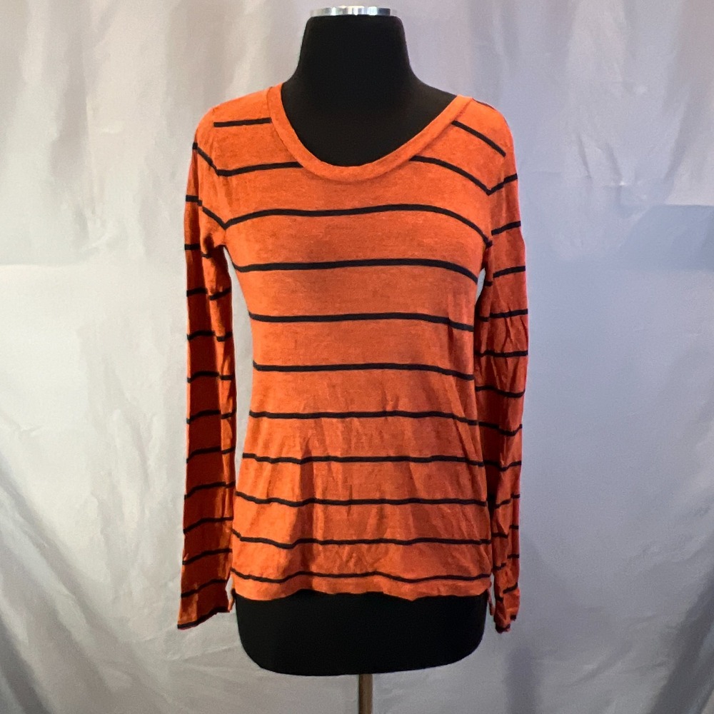 Theory T Shirt Womens Small Brown Black Striped Cotton Scoop Neck High Low Hem